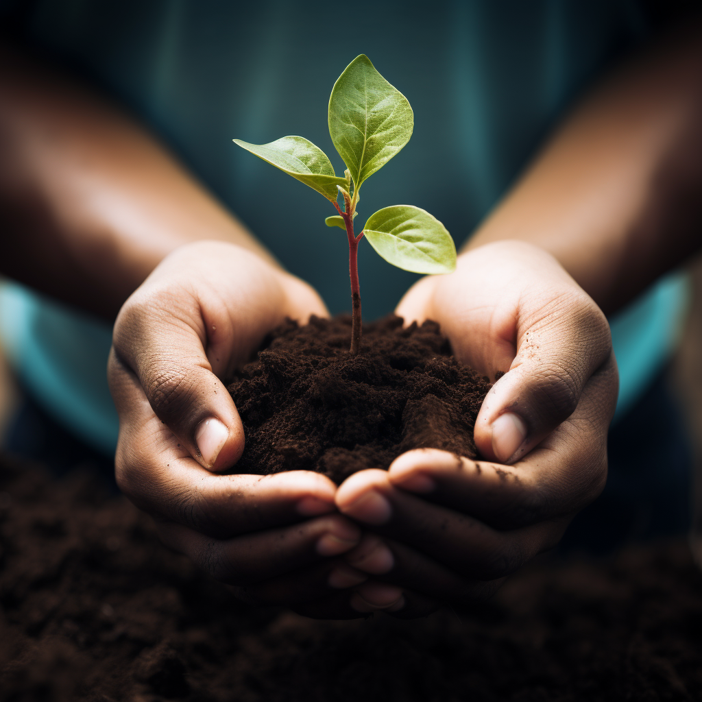 Handen houden zorgvuldig aarde en een jonge plant vast, een symbolische weergave van duurzaam samenleven.
