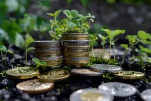 Een stapel gouden en zilveren munten, omringd door kleine groene planten die opkomen tussen de munten, symboliserend de investering van onze collectieve rijkdom in regeneratieve en duurzame initiatieven.