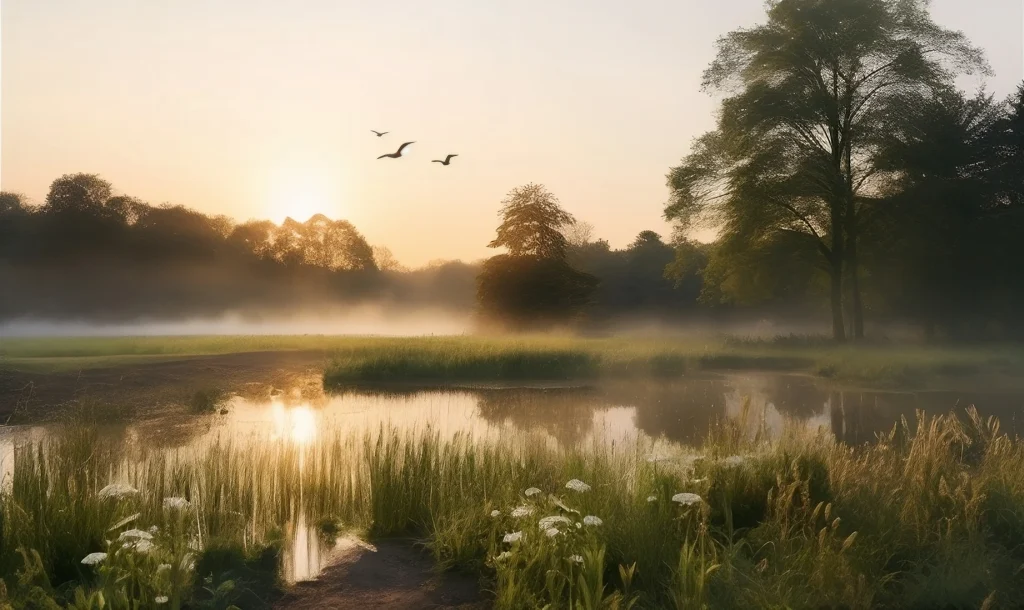 Zonsopgang over een Nederlands plattelandslandschap met een vijver waaruit mist opstijgt, vliegende vogels in de lucht, wilde bloemen en hoge bomen rond het water.